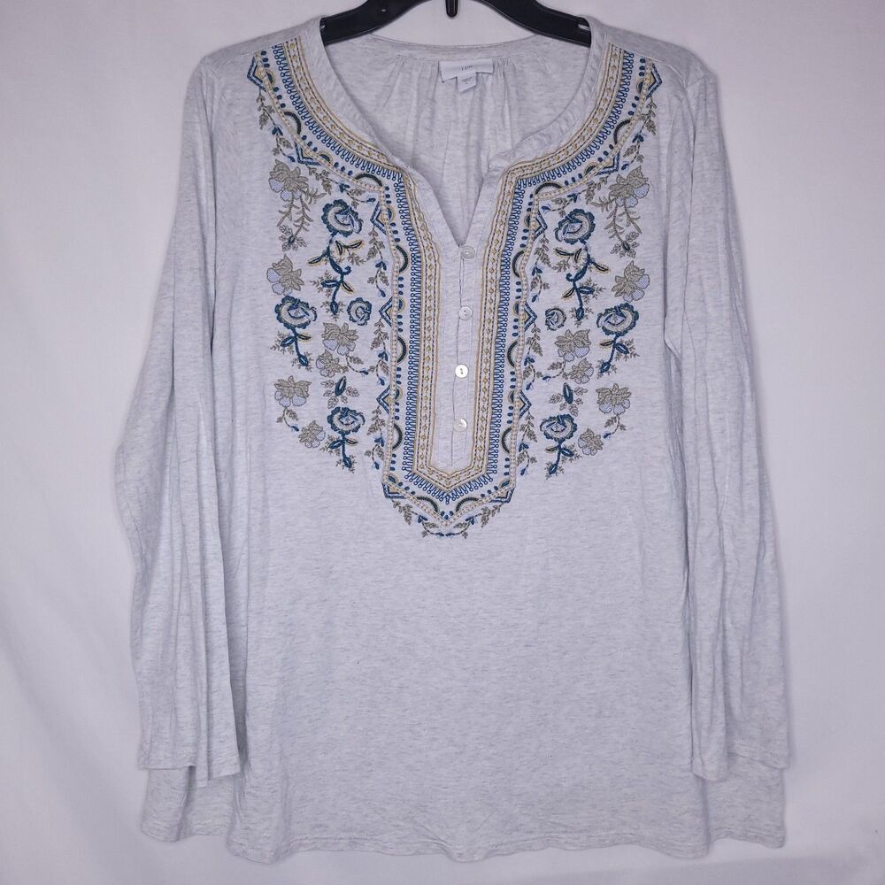 J Jill Top Large Gray Floral Embroidered V Neck Long Sleeve